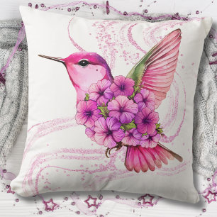 Pink Floral Hummingbird Pillow