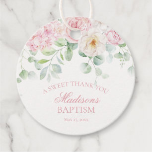 Pink Floral Hydrangea Bloom Baptism Circle Favour Tags