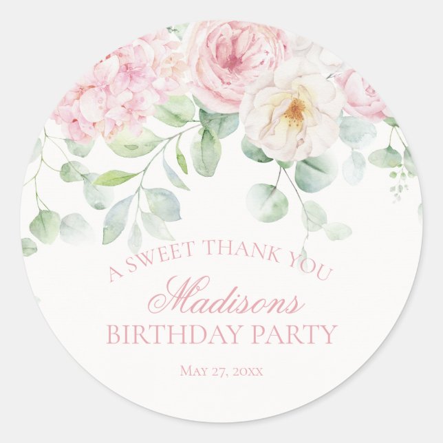 Pink Floral Hydrangea Blooms Birthday Circle Classic Round Sticker (Front)
