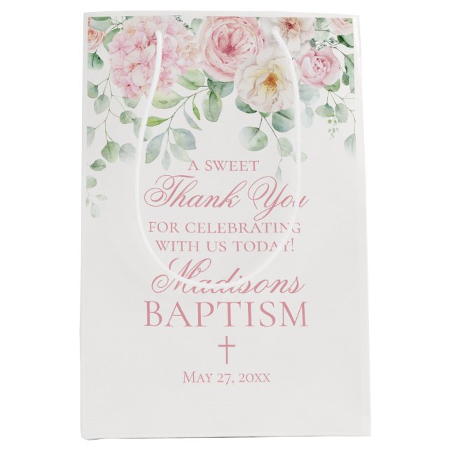 Pink Floral Hydrangea Botanical Baptism Favour Medium Gift Bag (Front)
