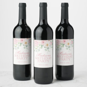 Pink Floral Hydrangea Botanical Bloom Birthday Wine Label