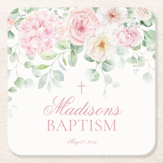 Pink Floral Hydrangea Botanical Blooms Baptism Square Paper Coaster (Front)