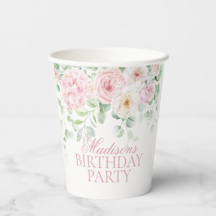 Pink Floral Hydrangea Botanical Blooms Birthday Paper Cups