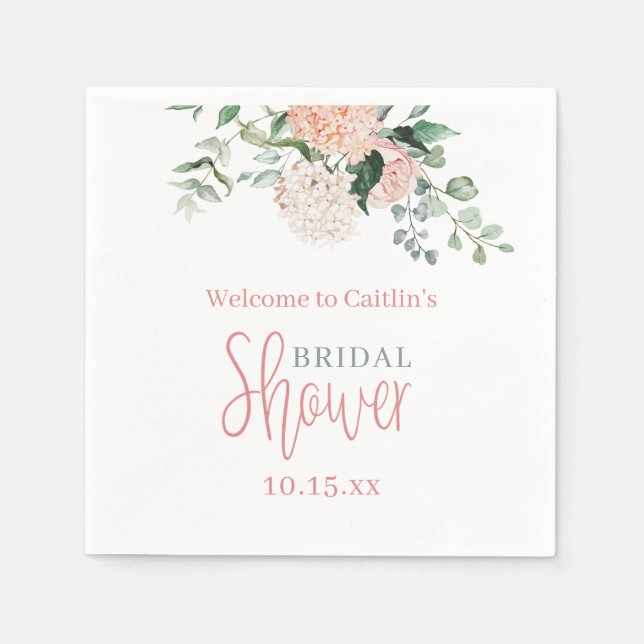 Pink Floral Hydrangea Eucalyptus Bridal Shower Napkin (Front)