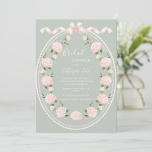 Pink Floral Hydrangea Sage Green Elegant Bridal Invitation