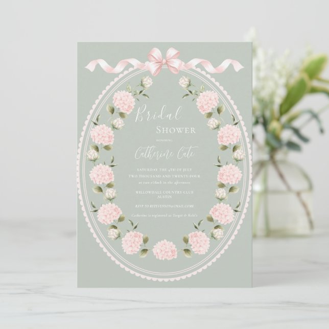 Pink Floral Hydrangea Sage Green Elegant Bridal  Invitation (Standing Front)