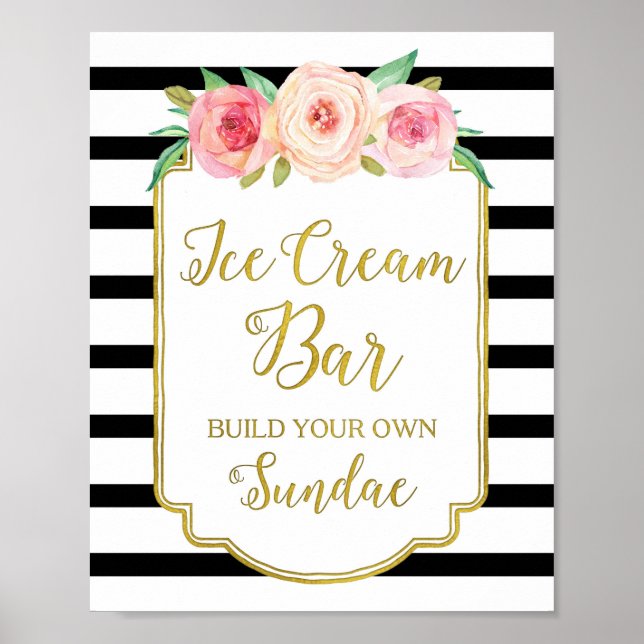 Pink Floral Ice Cream Bar Sign Gold Black Stripes (Front)