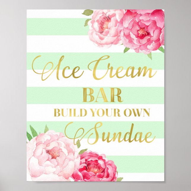 Pink Floral Ice Cream Bar Sign Gold Mint Stripes (Front)