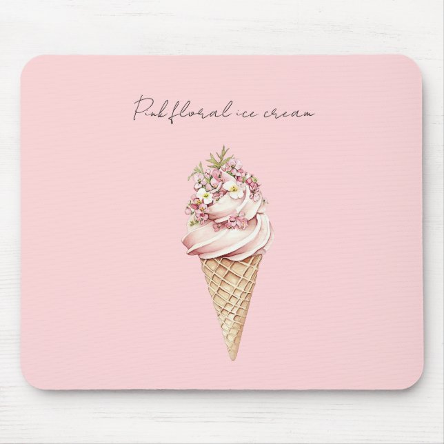 Pink Floral Ice Cream Cone Mouse Mat (Front)