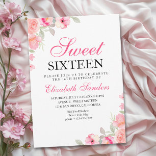 Pink Floral Illustration Sweet Sixteen Invitation