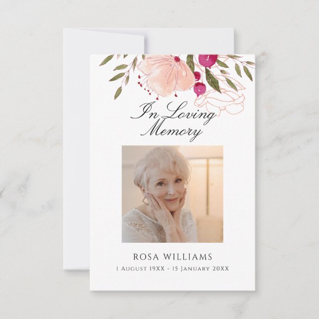 Pink Floral In Loving Memory Funeral Prayer Card (Front)