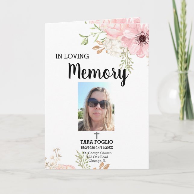 Pink Floral In loving memory program funeral  Programme (Front)