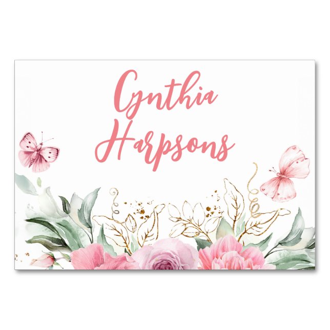 Pink Floral Individual Guest Names Table Card (Front)