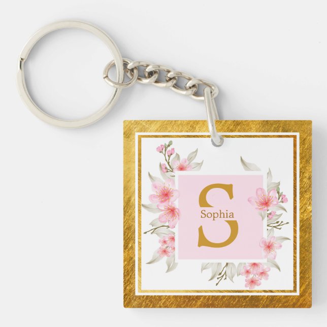Pink Floral Initial | Elegant Blossom Monogram Key Ring (Front)