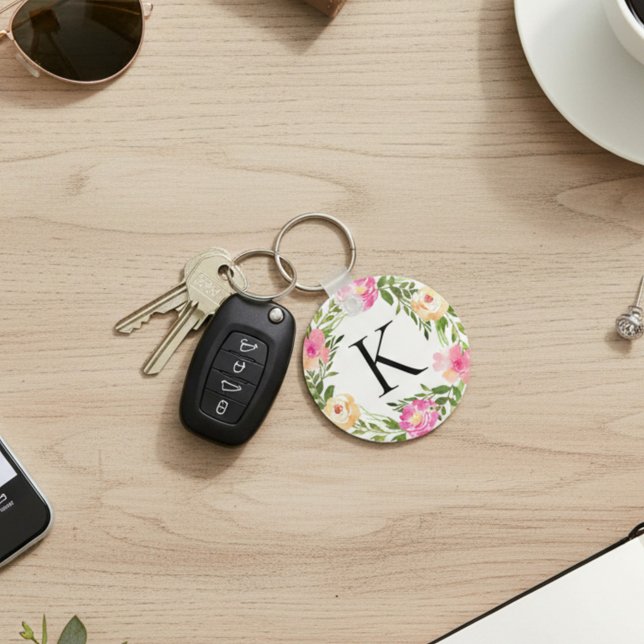 Pink Floral Initial Key Ring (Creator Uploaded)