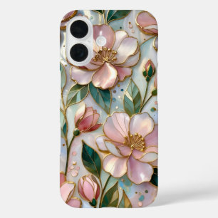 Pink Floral iPhone Case Stained Glass Pastel Gold