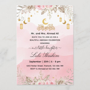 Pink Floral Islamic baby girl Aqiqa Aqeeqa  Invitation