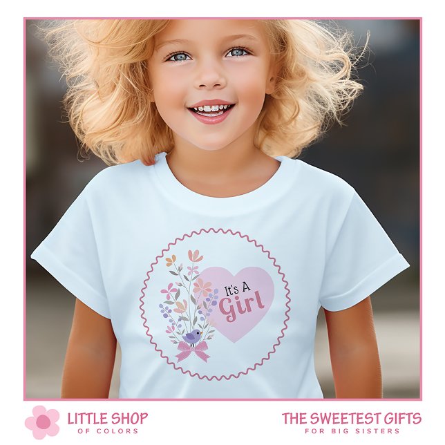 Pink Floral It's a Girl and I’m the Big Sister T-Shirt (Creator Uploaded)