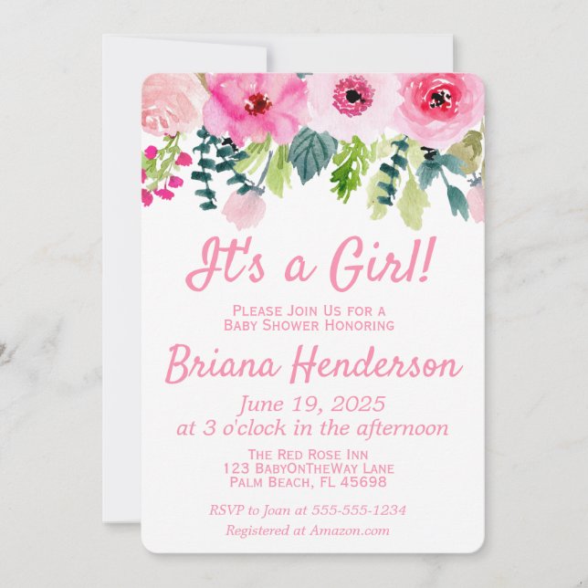 Pink Floral It's a Girl Baby Shower Invitation (Front)