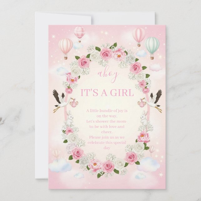 Pink Floral "It's a Girl" Baby Shower Invite  (Front)