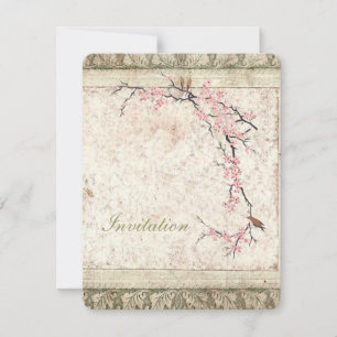 pink floral japanese cherry blossom spring wedding invitation