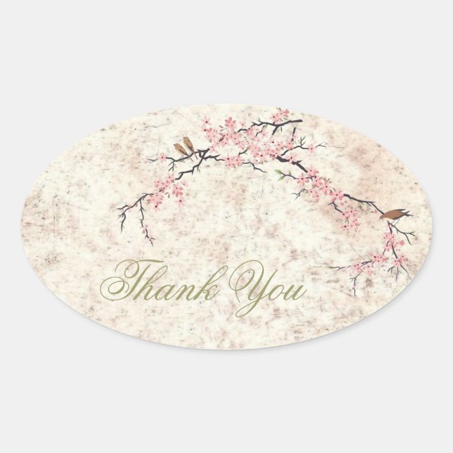 pink floral japanese cherry blossom spring wedding oval sticker (Front)