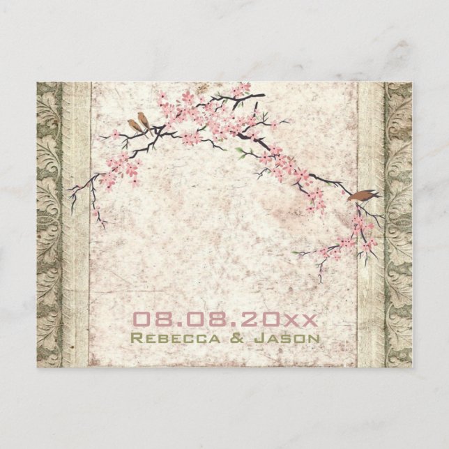 pink floral japanese cherry blossom spring wedding postcard (Front)