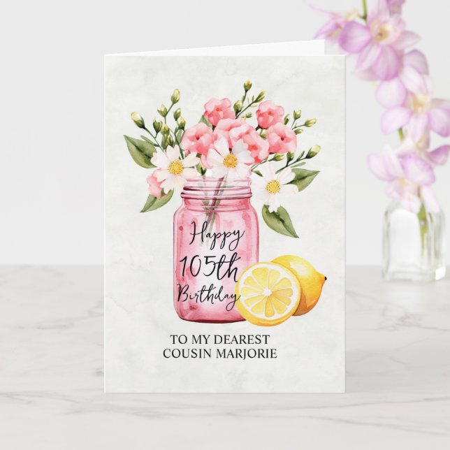 Pink Floral Jar Cousin 105th Birthday Greeting Card (Orchid)