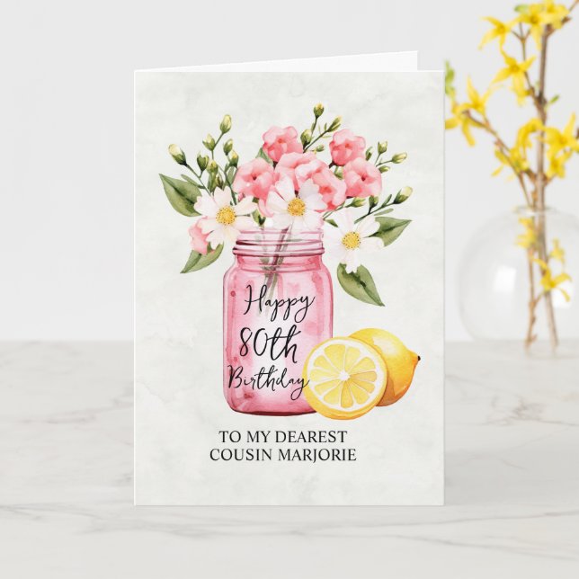 Pink Floral Jar Cousin 80th Birthday Greeting Card (Yellow Flower)