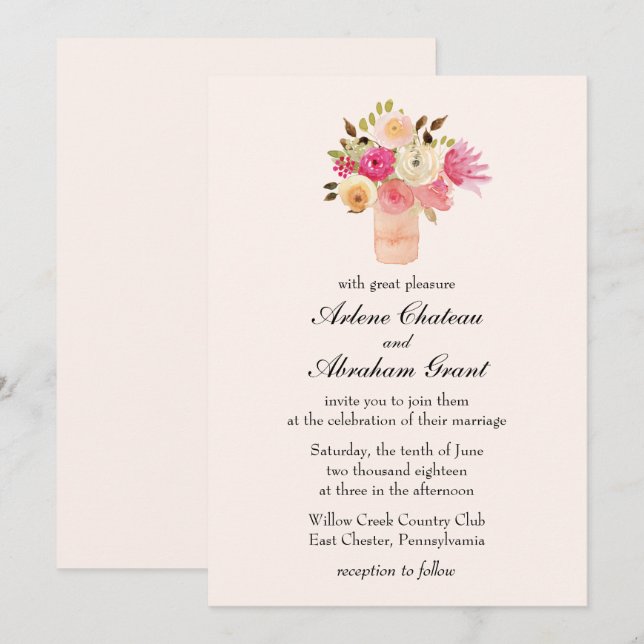 Pink Floral Joy Wedding Invitation (Front/Back)