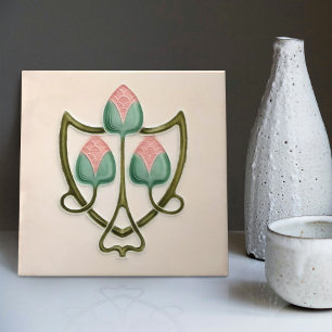 Pink Floral Jugendstil Art Nouveau Repro England Tile