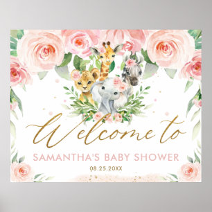 Pink Floral Jungle Animals Baby Shower Welcome Poster
