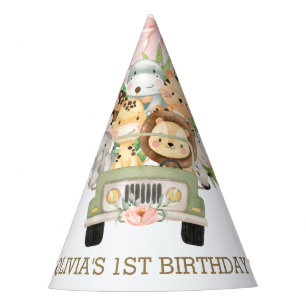 Pink Floral Jungle Animals Safari Car Birthday Party Hat