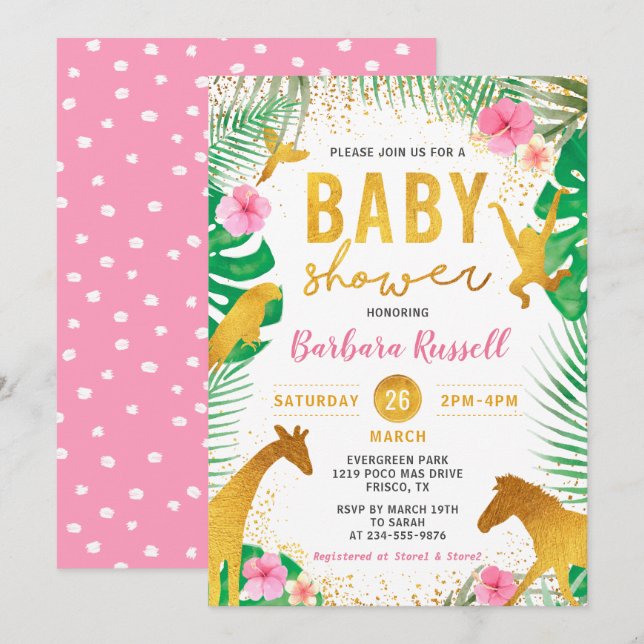 Pink Floral Jungle Animals Safari Girl Baby Shower Invitation (Front/Back)