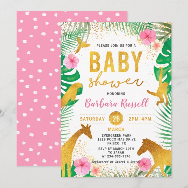 Pink Floral Jungle Animals Safari Girl Baby Shower Invitation (Front/Back)