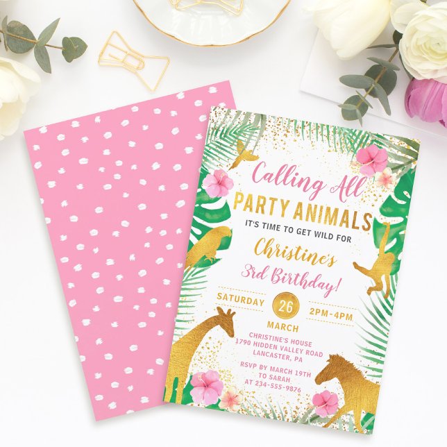 Pink Floral Jungle Animals Safari Girls Birthday Invitation (Creator Uploaded)