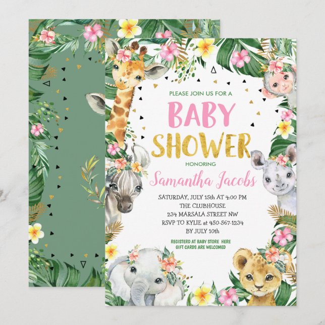 Pink Floral Jungle Safari Animals Baby Shower Invitation (Front/Back)