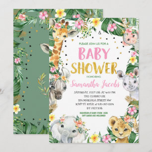 Pink Floral Jungle Safari Animals Baby Shower Invitation