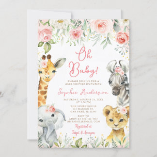Pink Floral Jungle Safari Animals Girl Baby Shower Invitation