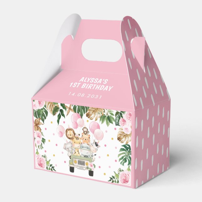 Pink Floral Jungle Safari Animals Girl Birthday Favour Box (Back Side)