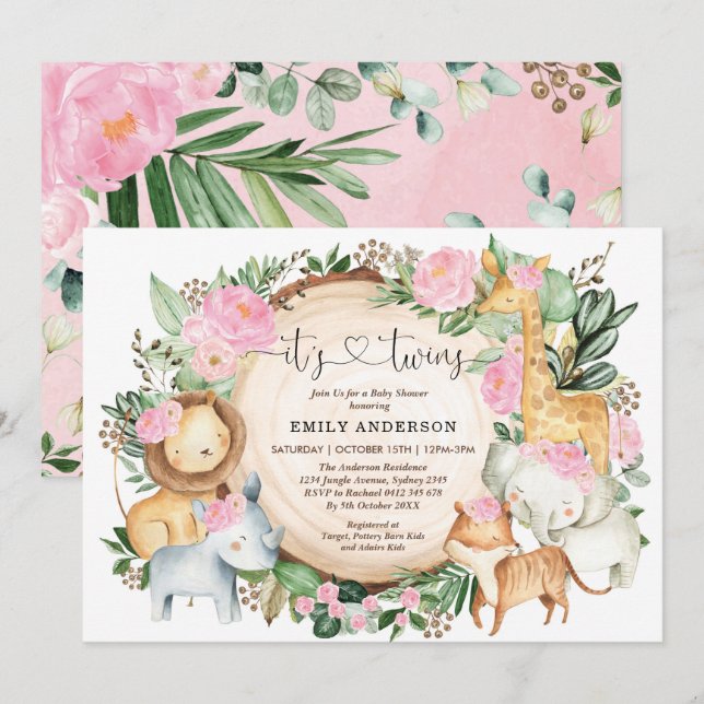 Pink Floral Jungle Safari Animals Twin Girls Baby Invitation (Front/Back)