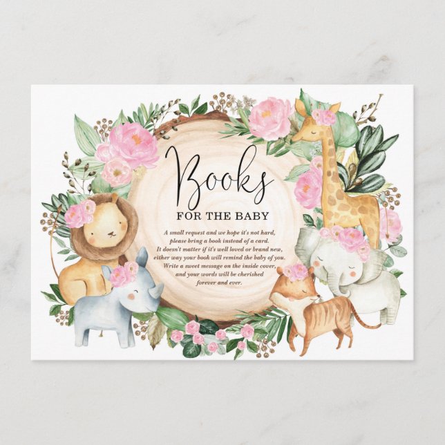 Pink Floral Jungle Safari Bring a Book Baby Girl Enclosure Card (Front)