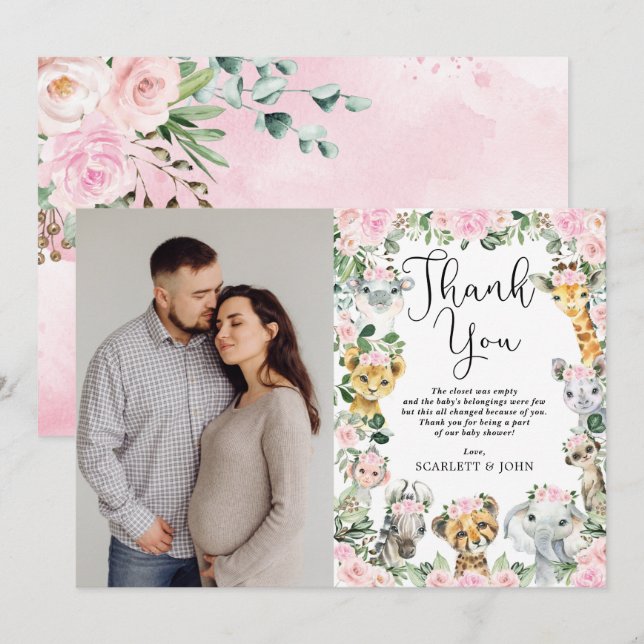 Pink Floral Jungle Wild Animals Baby Shower Photo Thank You Card (Front/Back)