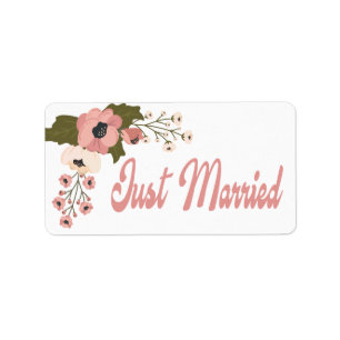 Pink Floral Just Married Wedding Announcement Label