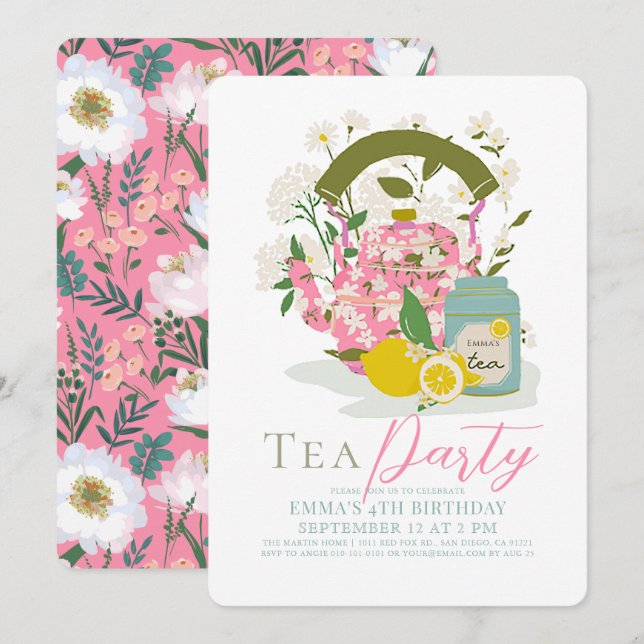 Pink Floral Kettle Lemon Tea Party Girl Birthday Invitation (Front/Back)