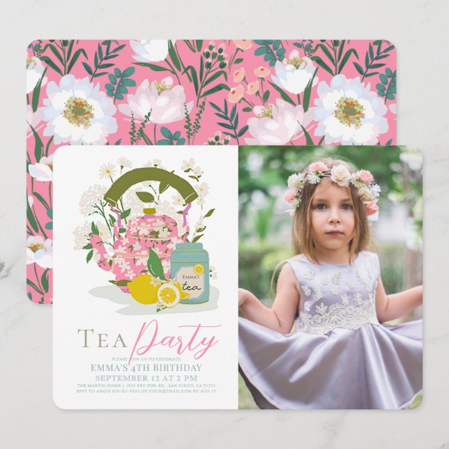 Pink Floral Kettle Lemon Tea Party Girl Birthday Invitation (Front/Back)