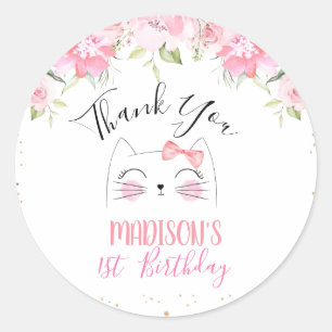 Pink Floral Kitten Face and Bow Birthday  Classic Round Sticker