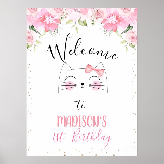 Pink Floral Kitten Face and Bow Birthday Welcome P Poster (Front)