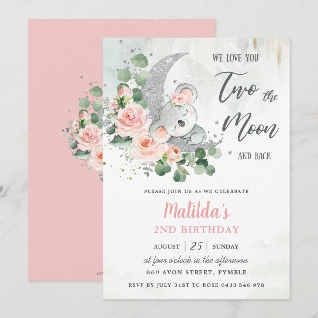 Pink Floral Koala Bear 2nd Birthday Crescent Moon  Invitation (Front/Back)