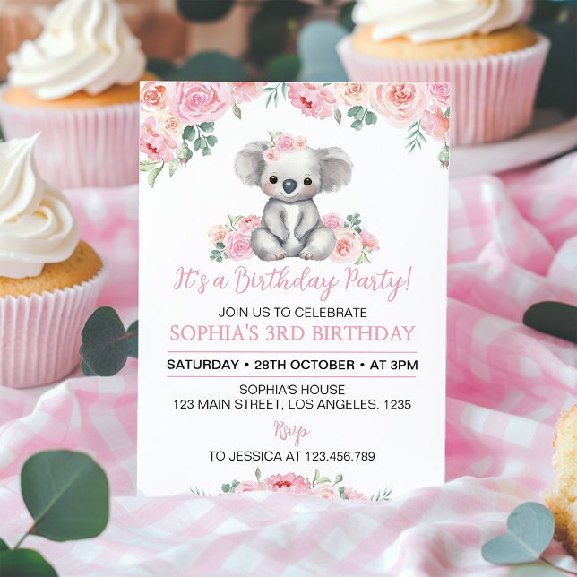 Pink Floral Koala Girl Birthday Invitation (Creator Uploaded)